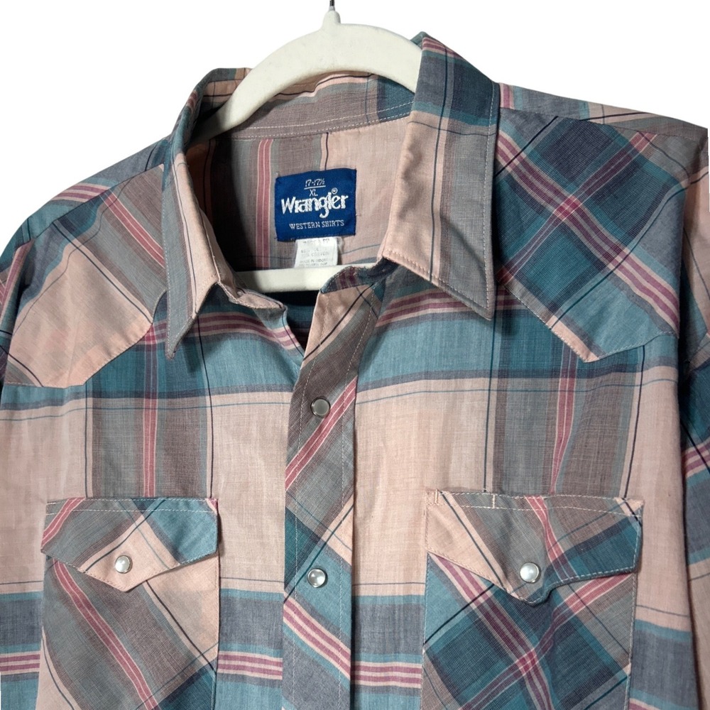 Wrangler Pearl Snap Western Shirt Pink Tea Plaid Long Sleeve Men's Size XL